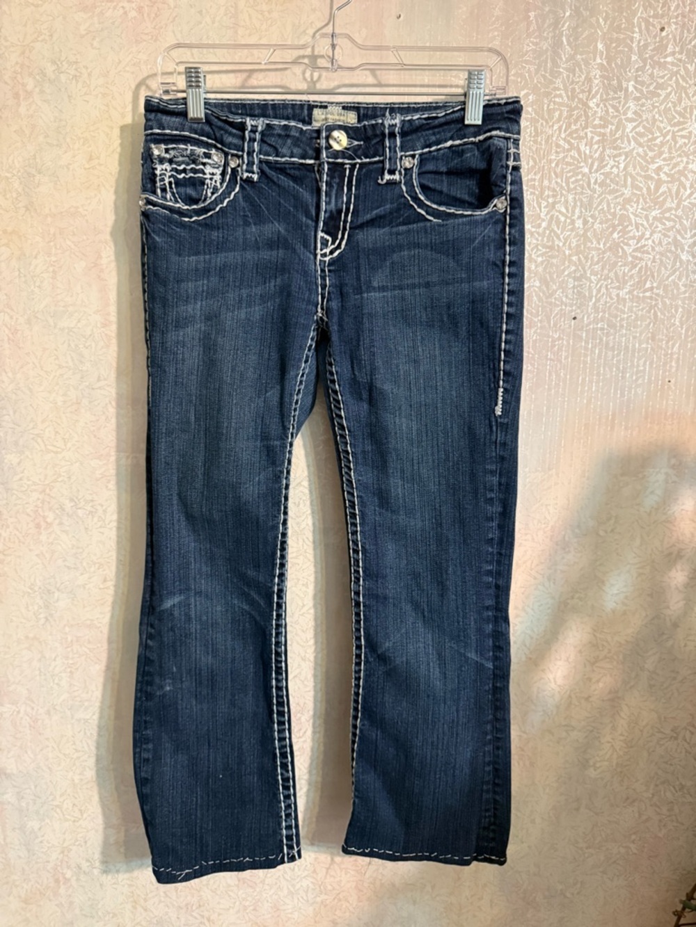 L.A. idol Dark Blue Bootcut Jeans With Heavy White Contrast Stitching, Jr 7
